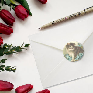 Kitten With Blue Flowers Classic Round Sticker