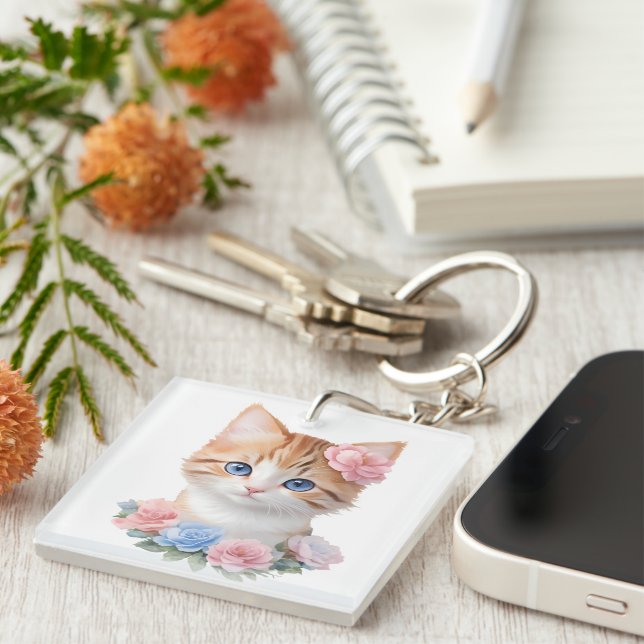 Kitten with Flowers Whimsical Feline  Key Ring (Front Right)