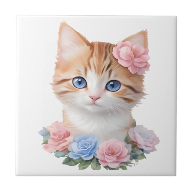 Kitten with Flowers Whimsical Feline  Tile (Front)