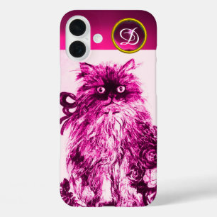 KITTEN WITH FUCHSIA PINK ROSES Gemstone Monogram iPhone 16 Plus Case