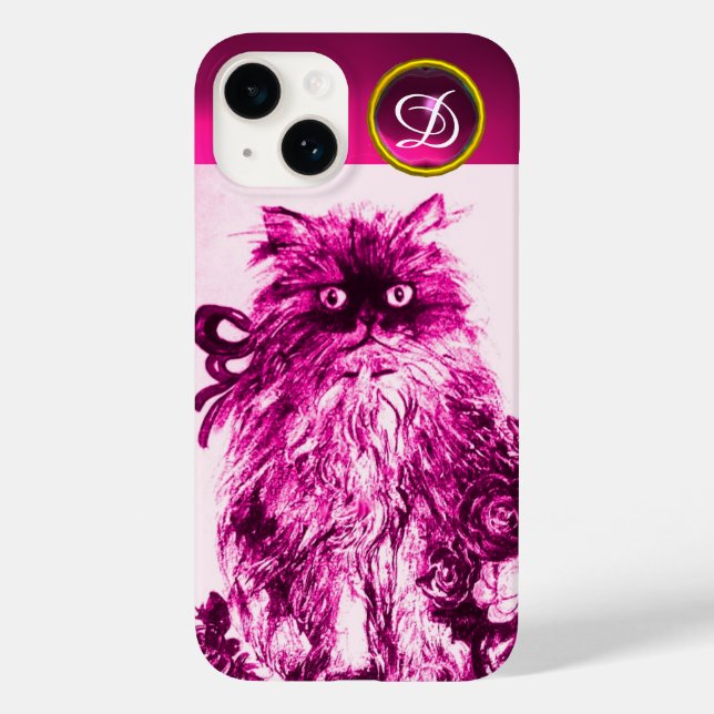 KITTEN WITH FUCHSIA PINK ROSES Gemstone Monogram Case-Mate iPhone Case (Back)