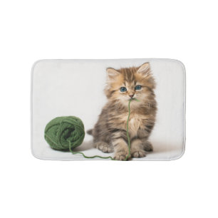 Kitten With Green Yarn Bath Mat