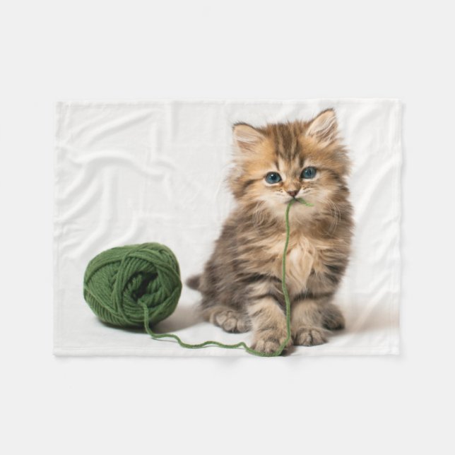 Kitten With Green Yarn Fleece Blanket (Front (Horizontal))