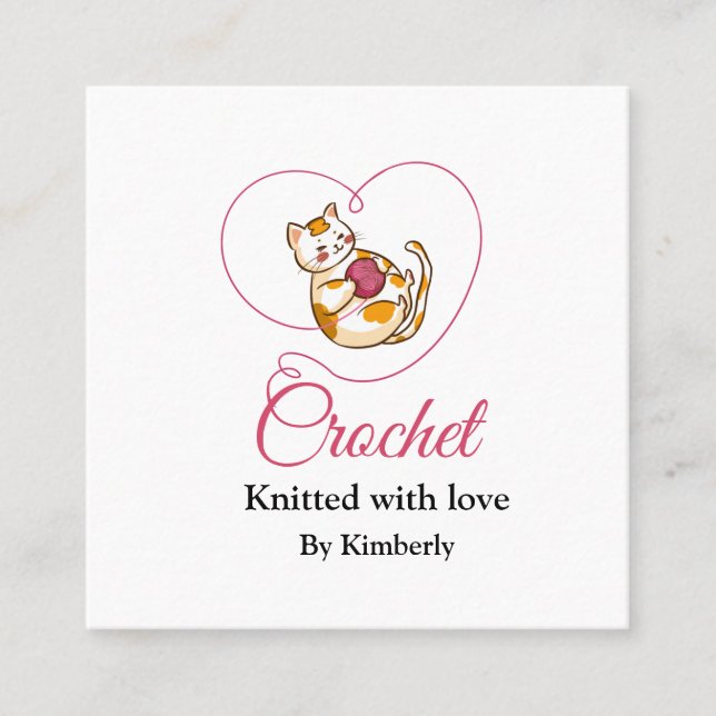Kitten with heart crochet square business card (Front)
