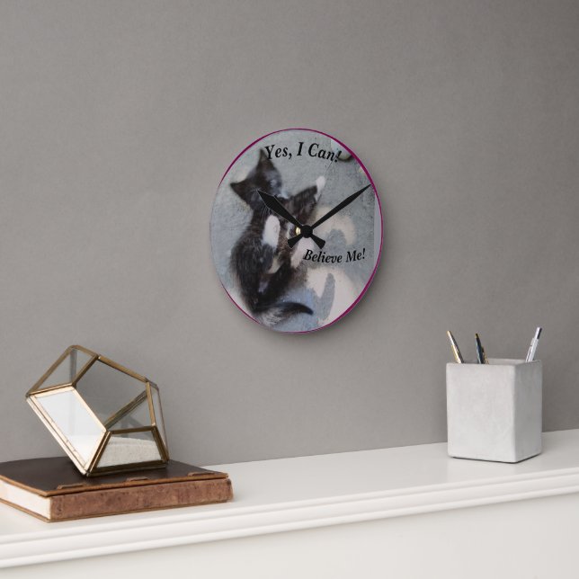 Kitten With Mouse Customisable Cat Photo Funny  Round Clock (Office)