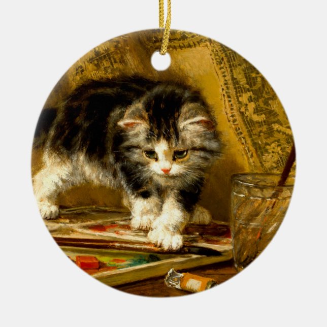 Kitten with Paint and Brushes Ceramic Tree Decoration (Front)