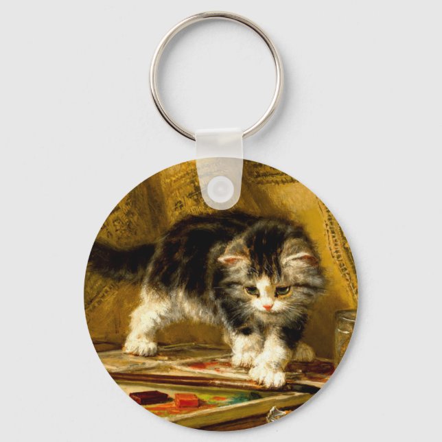 Kitten with Paint and Brushes Key Ring (Front)