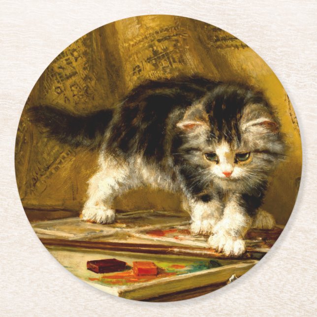 Kitten with Paint and Brushes Round Paper Coaster (Front)