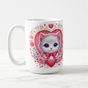 Kitten with Red Bow with Romantic Floral Hearts   Coffee Mug
