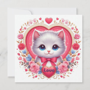 Kitten with Red Bow with Romantic Floral Hearts   Invitation