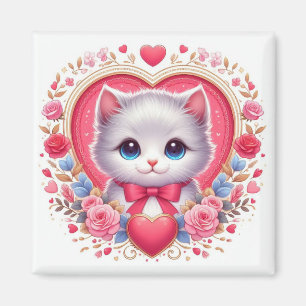 Kitten with Red Bow with Romantic Floral Hearts  Magnet