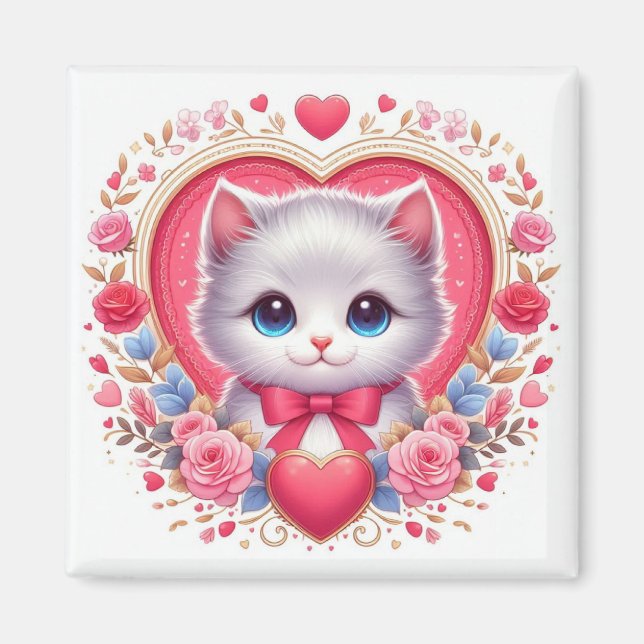 Kitten with Red Bow with Romantic Floral Hearts  Magnet (Front)