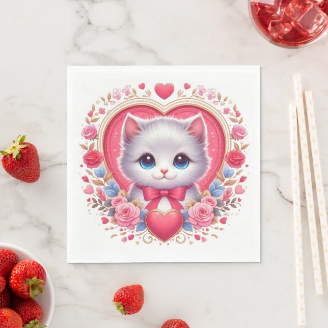 Kitten with Red Bow with Romantic Floral Hearts Napkin (Insitu)