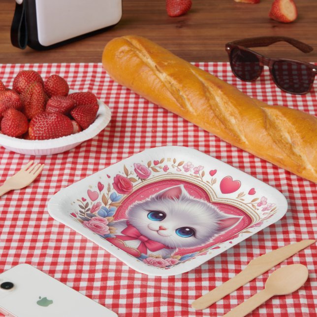 Kitten with Red Bow with Romantic Floral Hearts Paper Plate (Picnic)