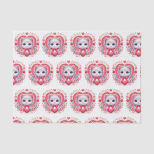 Kitten with Red Bow with Romantic Floral Hearts Tissue Paper