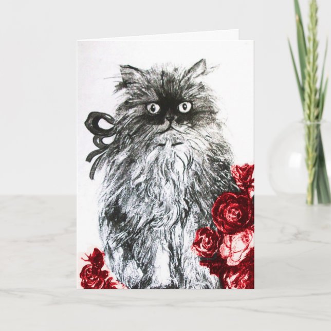KITTEN WITH RED ROSES ,Black and White Card (Front)