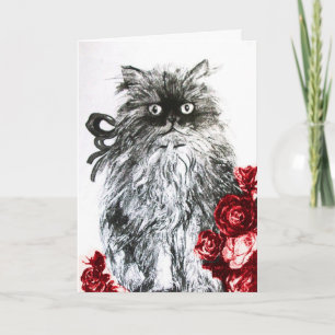 KITTEN WITH RED ROSES ,Black and White Card