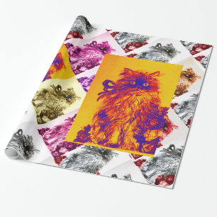 KITTEN WITH RED ROSES,Orange Yellow,Blue Wrapping Paper