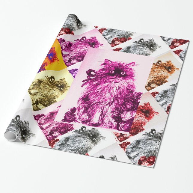 KITTEN WITH RED ROSES,Pink,Fuchsia Wrapping Paper (Unrolled)