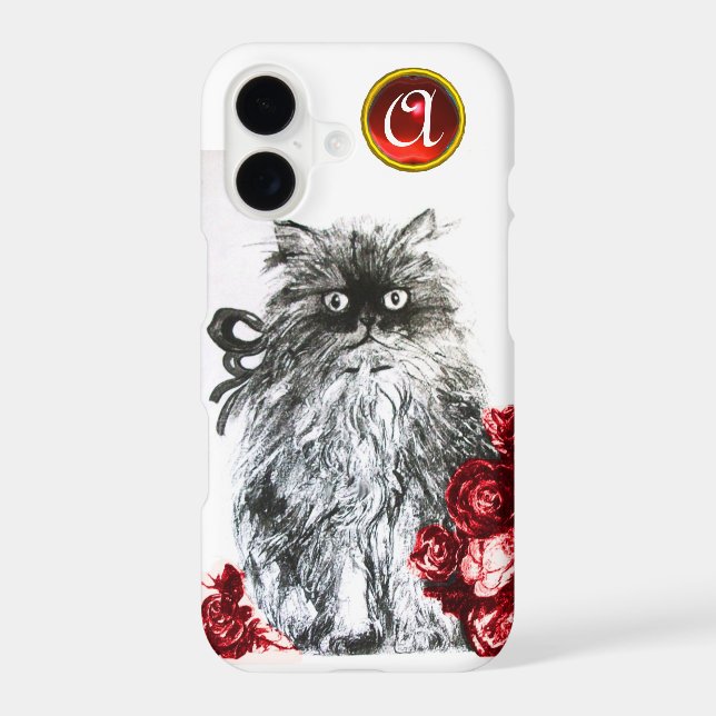 KITTEN WITH RED ROSES RUBY GEM MONOGRAM,white (Back)