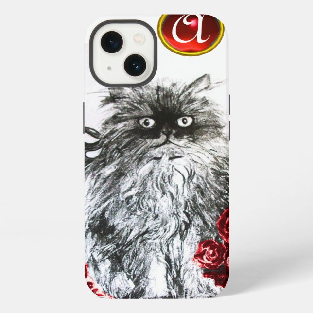 KITTEN WITH RED ROSES RUBY GEM MONOGRAM,white iPhone Case (Back)