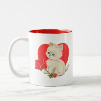 Kitten with Rose and Heart Two-Tone Coffee Mug