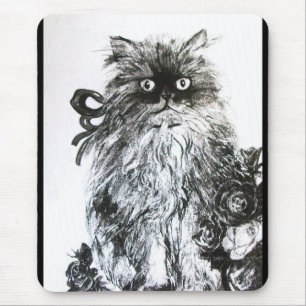 KITTEN WITH ROSES ,Black and White Mouse Mat