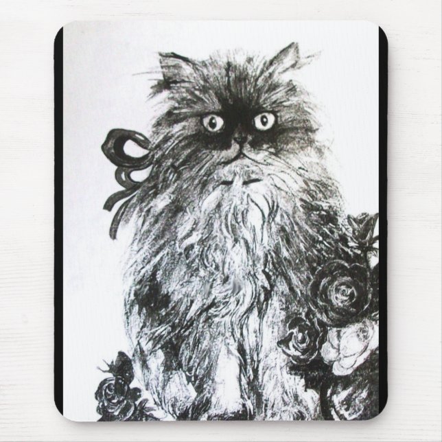 KITTEN WITH ROSES ,Black and White Mouse Mat (Front)