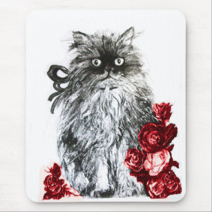 KITTEN WITH ROSES ,Black and White Red Mouse Mat
