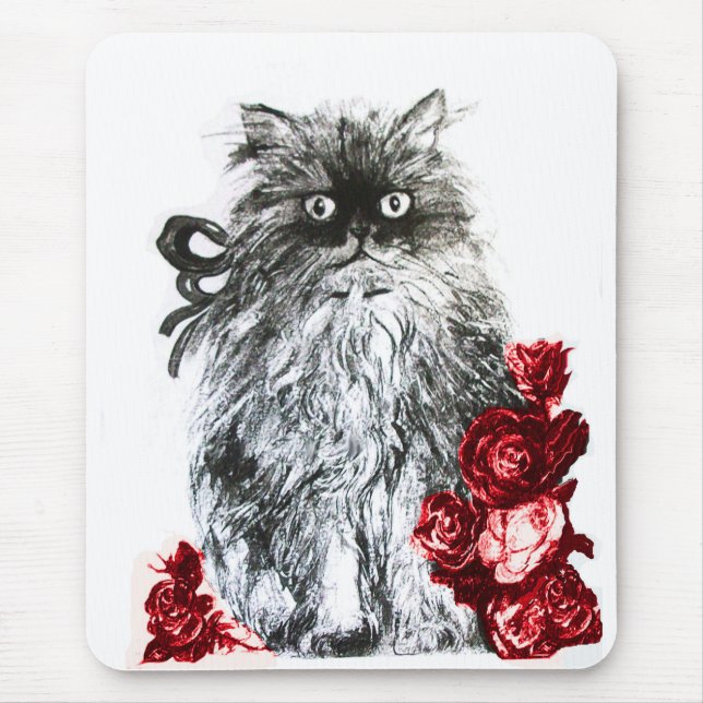 KITTEN WITH ROSES ,Black and White Red Mouse Mat (Front)