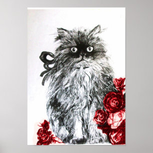 KITTEN WITH ROSES ,Black Red and White Poster