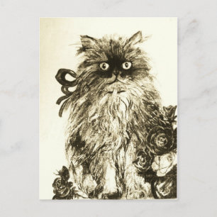 KITTEN WITH ROSES , Brown and White Postcard