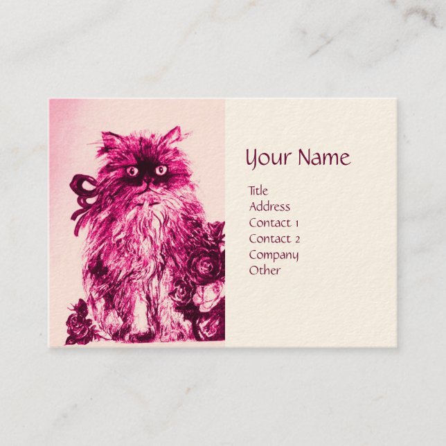 KITTEN WITH ROSES ,Pink Fuchsia White Business Card (Front)