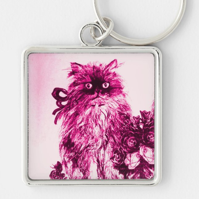 KITTEN WITH ROSES ,Pink Fuchsia White Key Ring (Front)