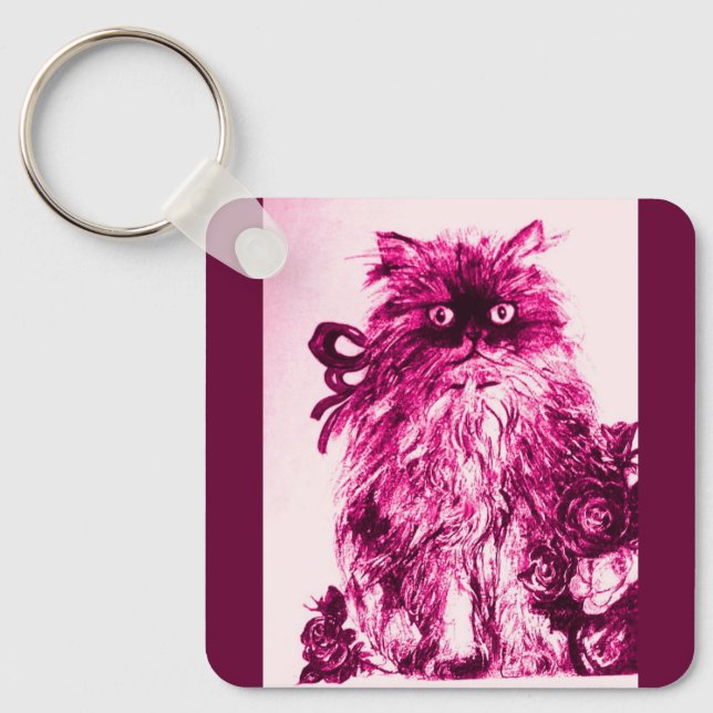 KITTEN WITH ROSES ,Pink Fuchsia White Key Ring (Front)