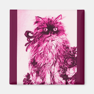 KITTEN WITH ROSES ,Pink Fuchsia White Magnet