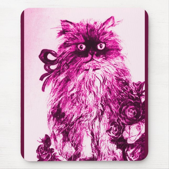 KITTEN WITH ROSES ,Pink Fuchsia White Mouse Mat (Front)