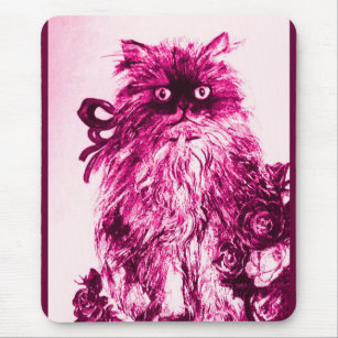 KITTEN WITH ROSES ,Pink Fuchsia White Mouse Mat
