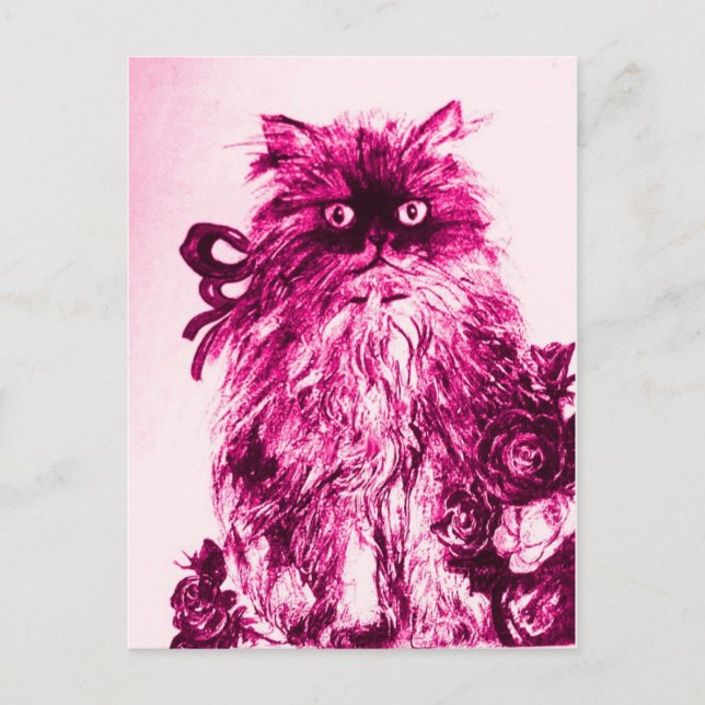 KITTEN WITH ROSES ,Pink Fuchsia White Postcard (Front)