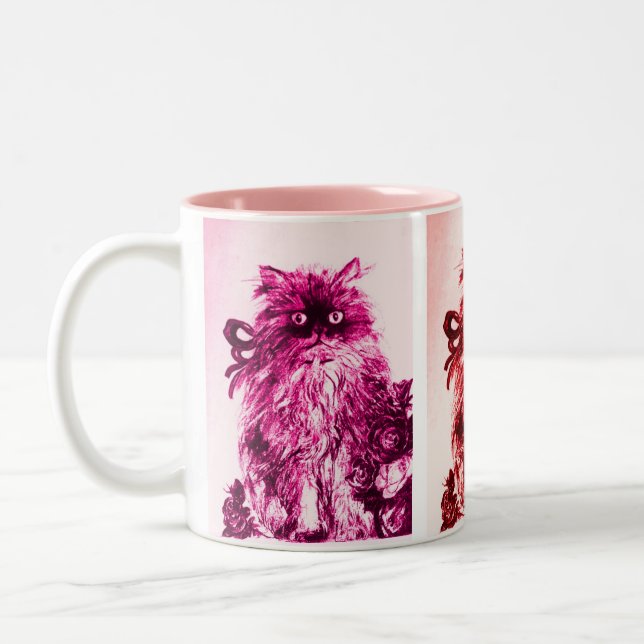 KITTEN WITH ROSES ,Pink Fuchsia White Two-Tone Coffee Mug (Left)