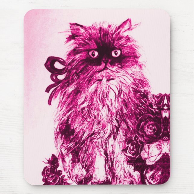 KITTEN WITH ROSES ,Pink Fuchsia White Watercolor Mouse Mat (Front)