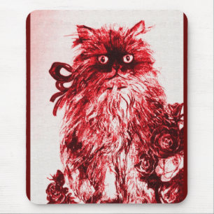 KITTEN WITH ROSES , Red and White Mouse Mat