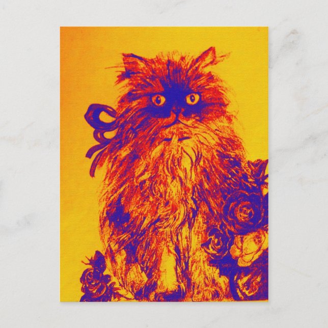 KITTEN WITH ROSES ,Yellow Orange Blue Postcard (Front)