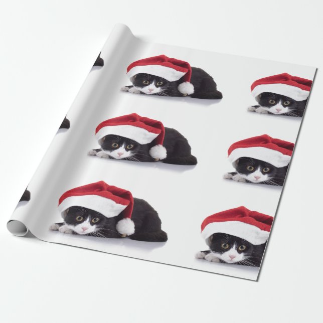 Kitten with Santa Hat Wrapping Paper (Unrolled)