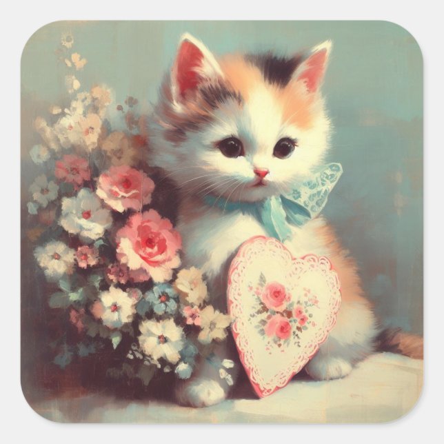 Kitten with Valentine Vintage Painting Sticker (Front)