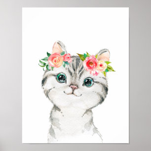 Kitten with Watercolor Flowers Art Print