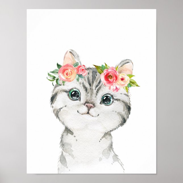 Kitten with Watercolor Flowers Art Print (Front)