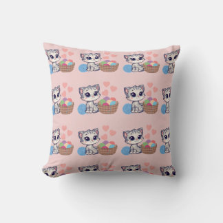Kitten & Yarn Throw Pillow