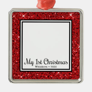 Kitten's 1st Christmas Photo Red Glitter Metal Tree Decoration