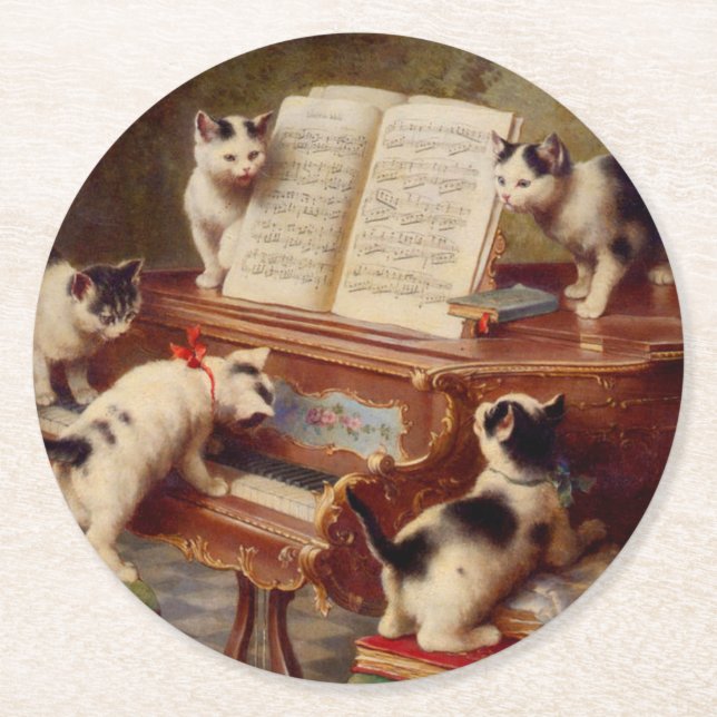 Kittens and Piano Round Paper Coaster (Front)
